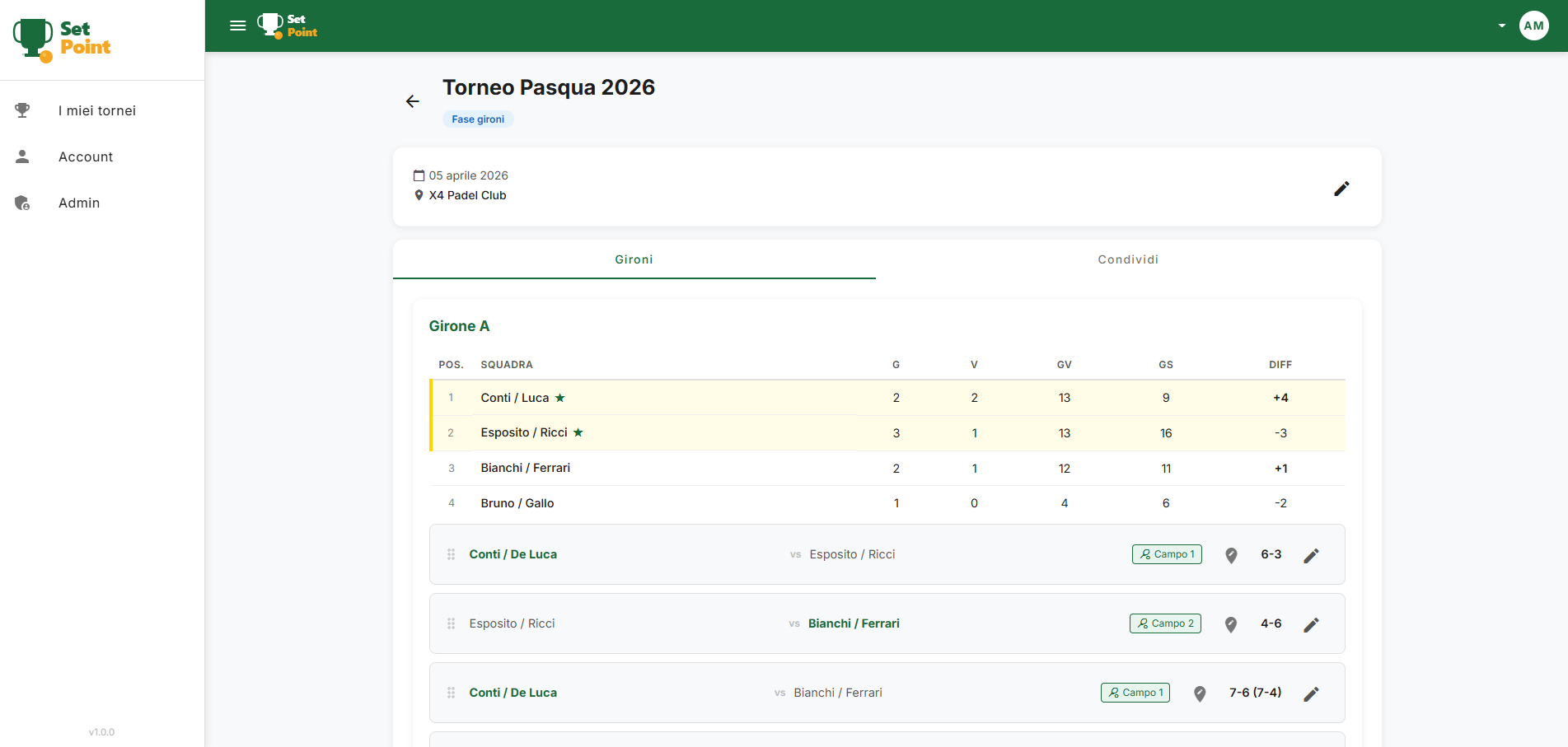Gironi e classifica in tempo reale